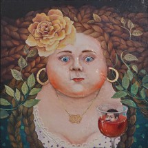 Lady with a glass where a man swims in red wine